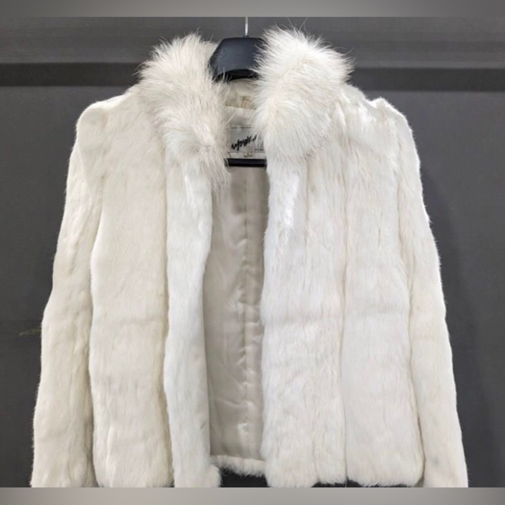 Upward Rabbit Fur Jacket Large w/Brown Leather & White Rabbit Fur rafē Purse
